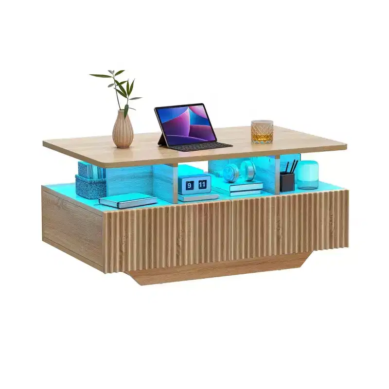 Farmhouse LED Coffee Table with 4 Drawers & Open Compartment, Modern Rectangle Design, Wood Coffee Table