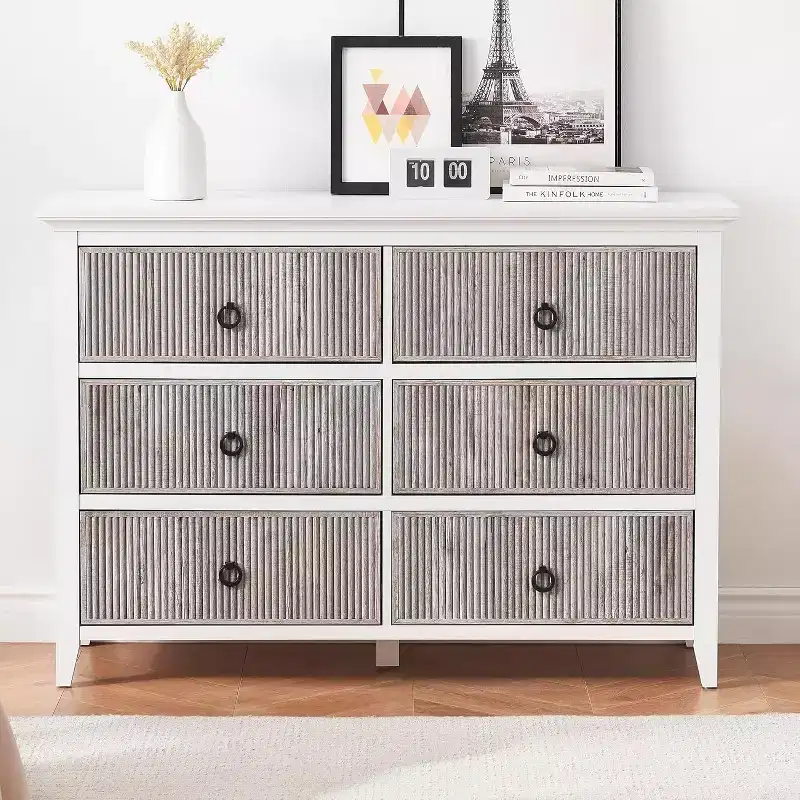 Dresser for Bedroom, 6 Drawer Double Dresser Fluted Drawers Panel, Wide Modern Chest of Drawers with Deep Drawers, Dresser TV Stand