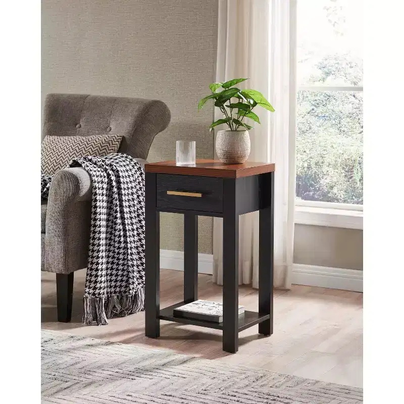 Wooden Chairside End Table with Drawer and Open Storage Shelf, Black/Walnut