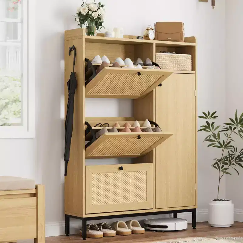 3 Tier Free Standing Shoe Cabinet with Natural Rattan, Shoe Organizer with Adjustable Shelves, Narrow Shoe Rack for Hallway, Wood