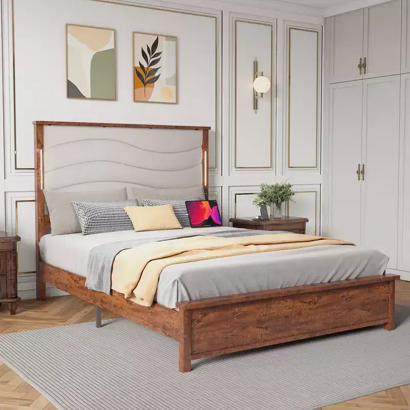 CLIHOME Beige Linen Upholstered Headboard Bed Frame with Charging Station and LED Lights, Wood Slats