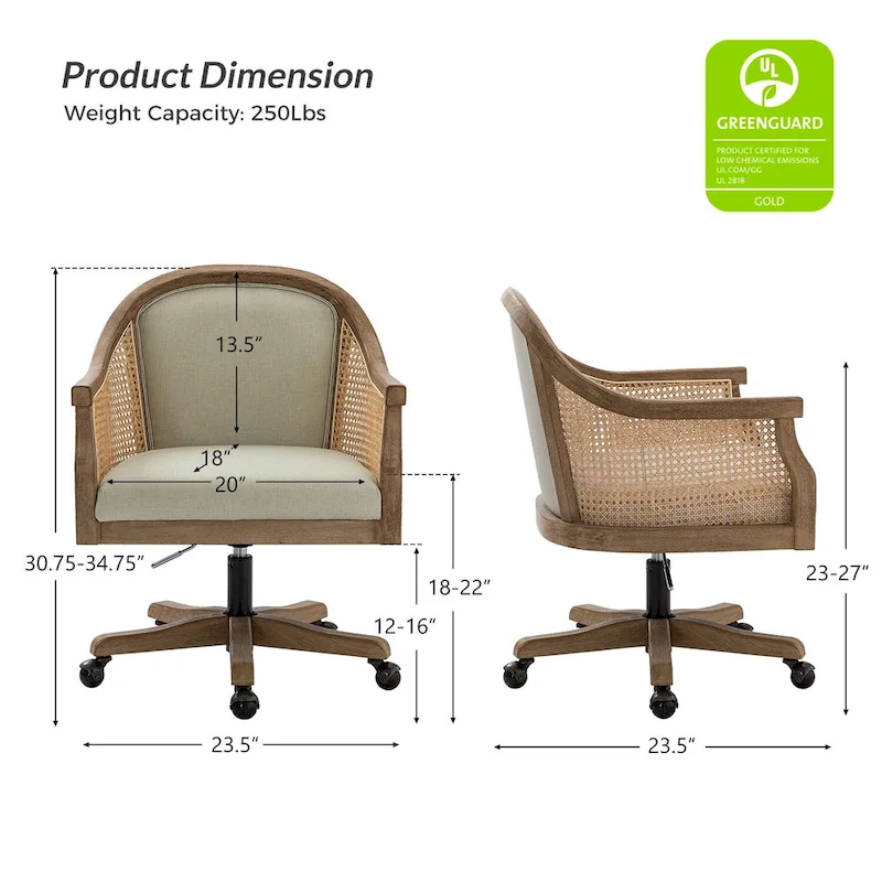 Danilo Farmhouse 360 Degree Swivel Height Adjustable Rattan Desk Chair with RubberWood by HULALA HOME