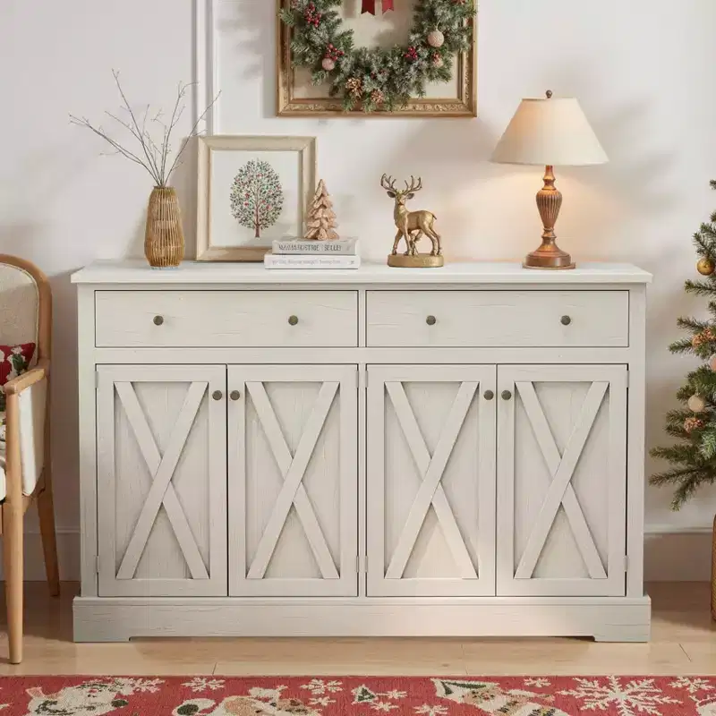 MAYEERTY Vintage Storage Cabinet with Two Drawers Four Door for Living Room Kitchen Bedroom White