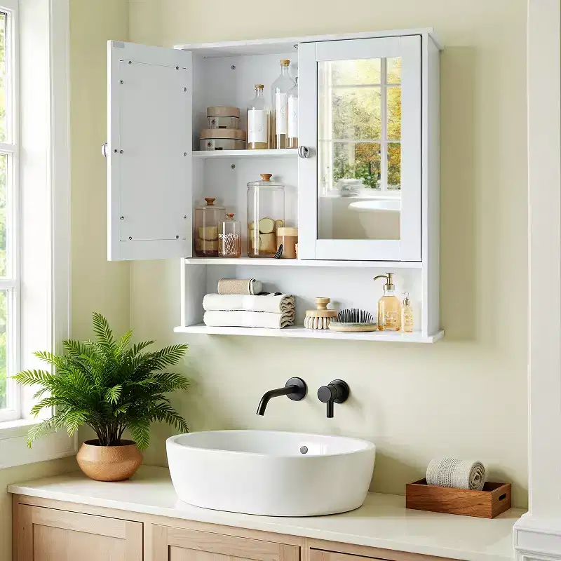 Wall-Mounted Bathroom Cabinet with 2 Mirrored Doors & Adjustable Shelf, White