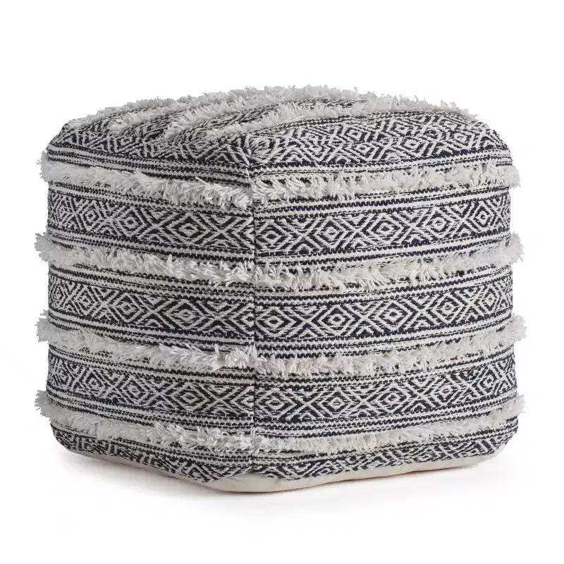Ouray Pouf Blue/Ivory - Anji Mountain: Bohemian Geometric Square Ottoman, Removable Cover, Handmade, 21"x21"x21"