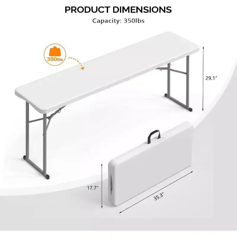 VINGLI 6 FT Narrow Folding Table, Tabletop Folded in Half, Premium Quality HDPE Material and Sturdy Metal Frame, White