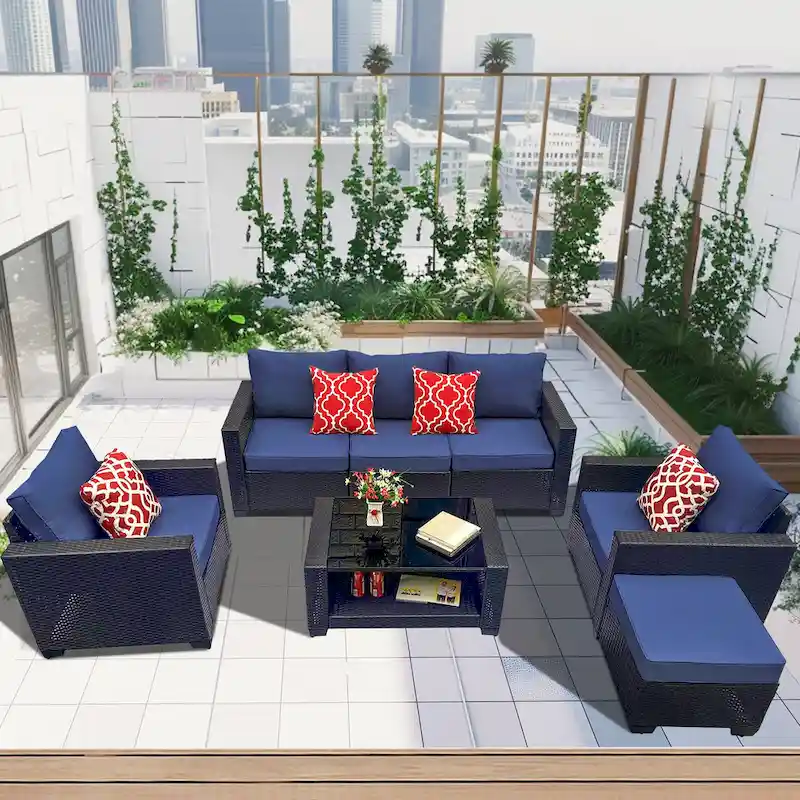 7-Piece PE Rattan Wicker Cushioned Sofa Set