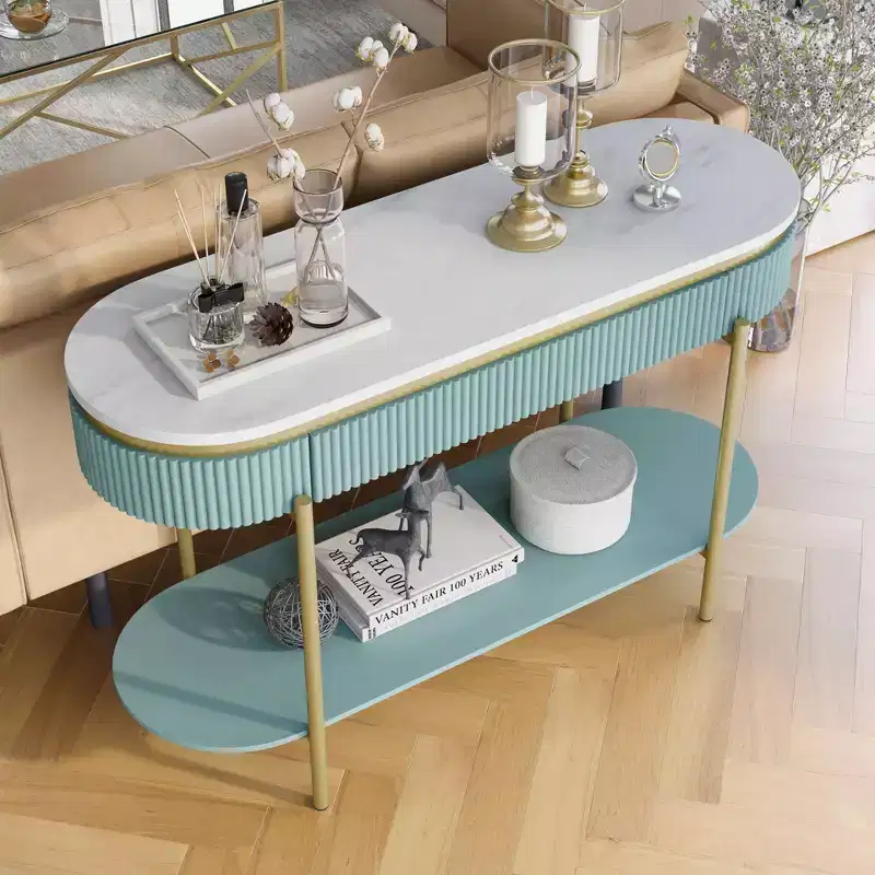 Faux Marble Sofa Table with Drawer, Gold Metal Frame, 48