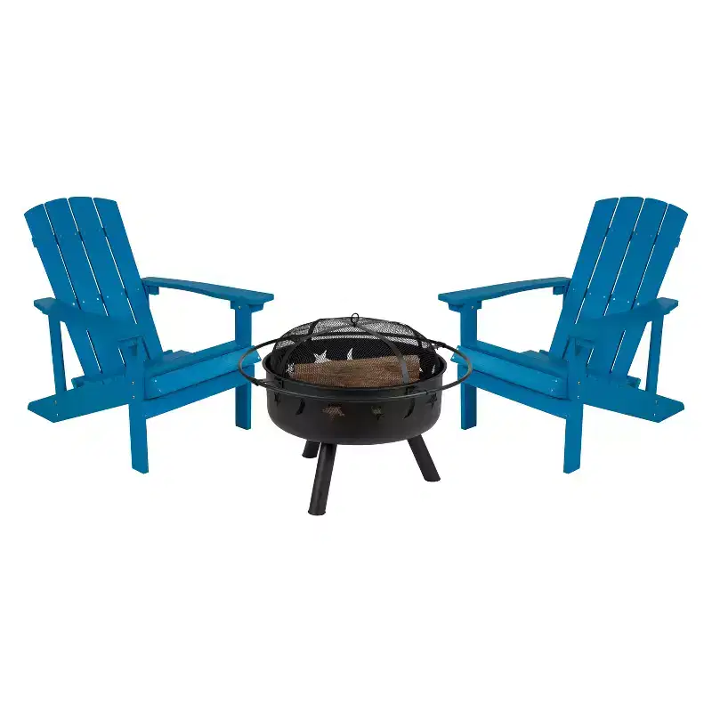 Emma and Oliver Three Piece Hartford Camping Set with Two Faux Wood Adirondack Chairs and Star and Moon Fire Pit with Mesh Cover