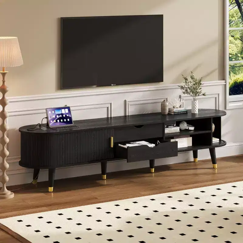 Wood TV Stand with Sliding Tambour Door for 80 inch TV, Fluted TV Storage Cabinet with Golden Handle, Oval Entertainment Center Console Table
