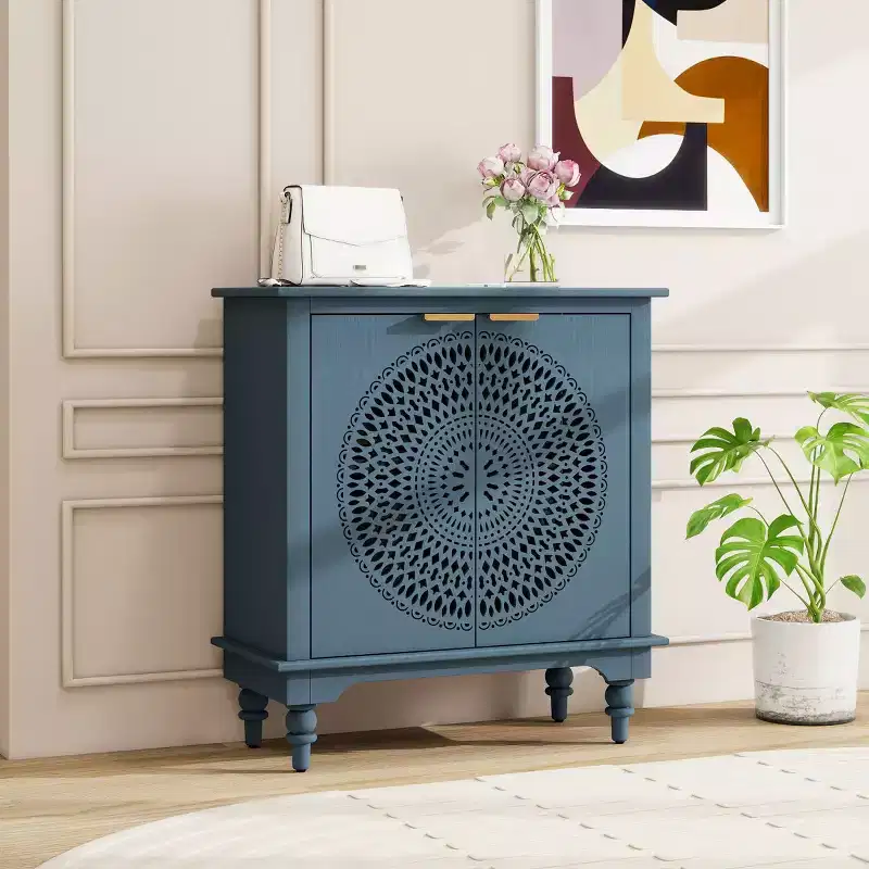 Hollow-Carved Storage Cabinet – 2 Doors, Adjustable Shelf, MDF, 34x31x14 in