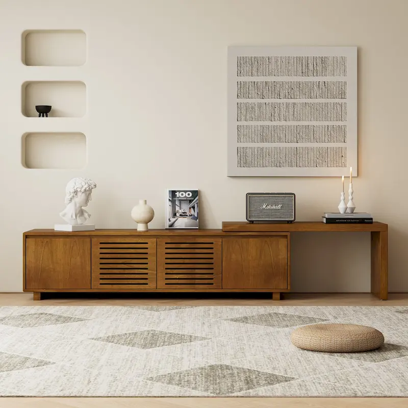 Mid Century Expandable TV Stand with 4 Storage Cabinets and Hollowout Door for Living Room Entertainment Center