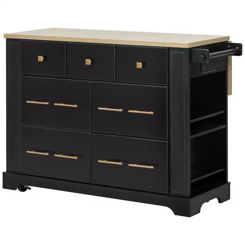Kitchen Island with 6 Drawers, Pull-Out Trash, 5 Rolling Wheels, Drop Leaf & Racks