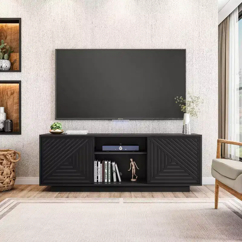 JVNOXK Medieval-inspired modern TV stand with two open shelves. Features patterned doors and clean lines. Suitable for TVs up to 70 inches. Black