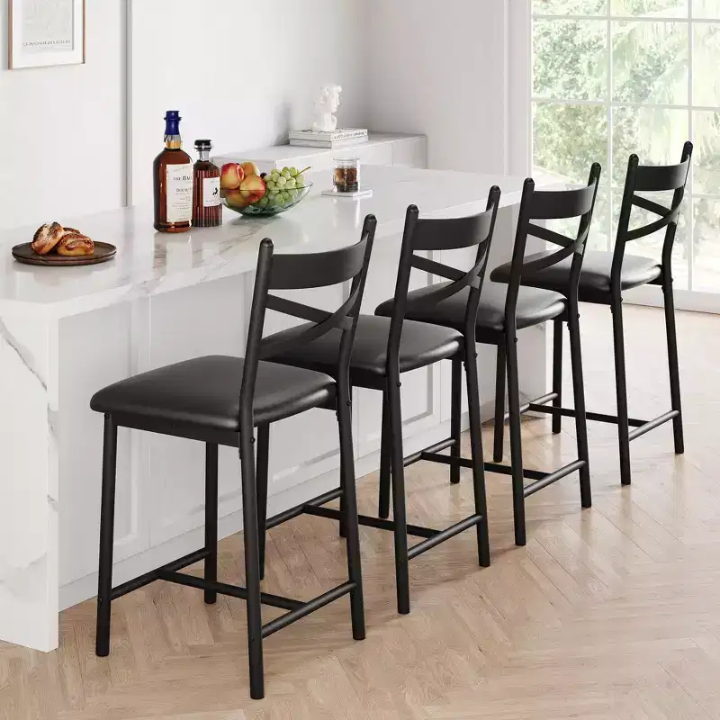 Bar Stools Set of 4, PU Upholstered Bar Chairs, Kitchen Island Chairs with X-Shaped Backrest and Metal Footrest, Black Counter Height Chairs