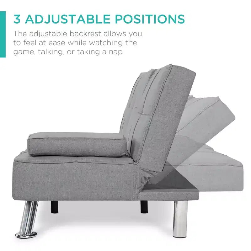 Best Choice Products Modern Linen Convertible Futon Sofa Bed w/ Removable Armrests, Metal Legs, Cupholders