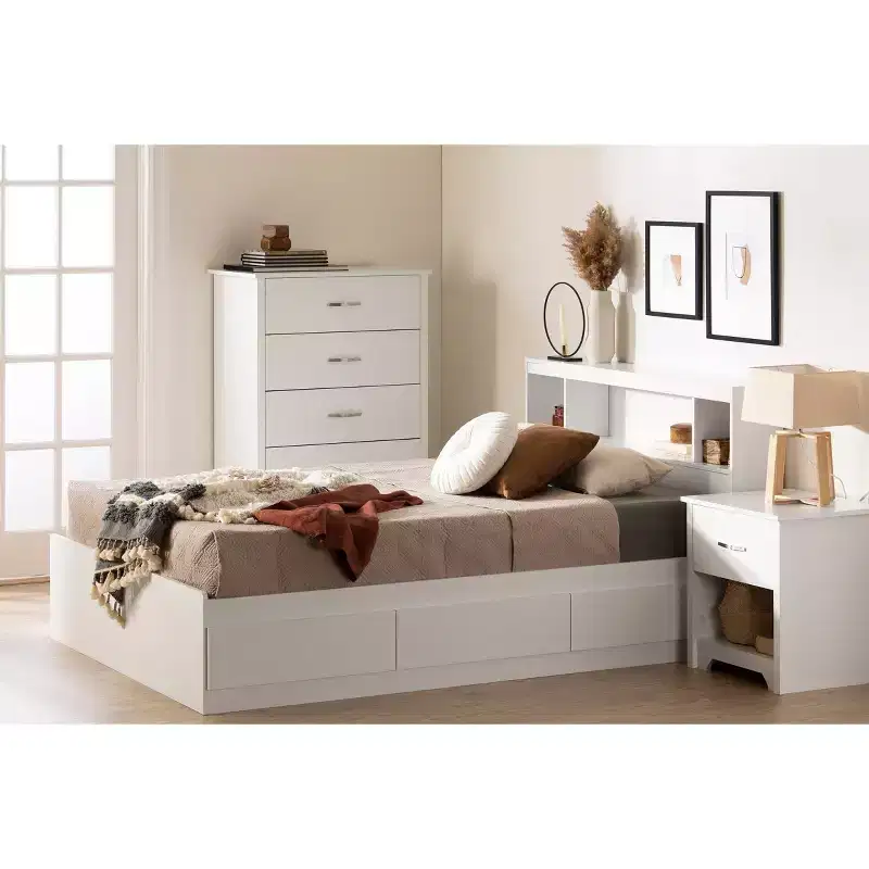 Full Size Bookcase Headboard, Pure White, Laminated Particle Board