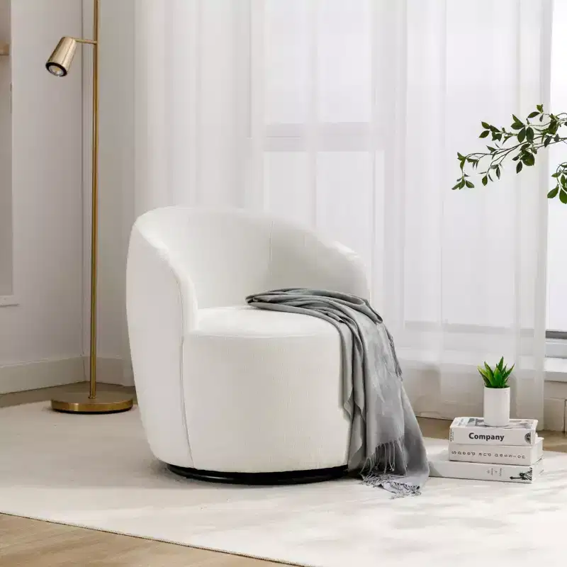 Fabric Swivel Accent Armchair Barrel Chair With Black Powder Coating Metal Ring,Ivory