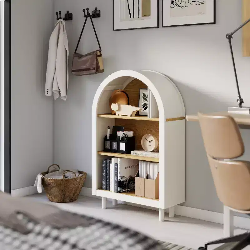 Arched Bookcase, Arched Storage Cabinet, Modern Wooden Arched Bookshelf with 3 Shelves, White with Wood Grain Shelves, 3-Tier Storage