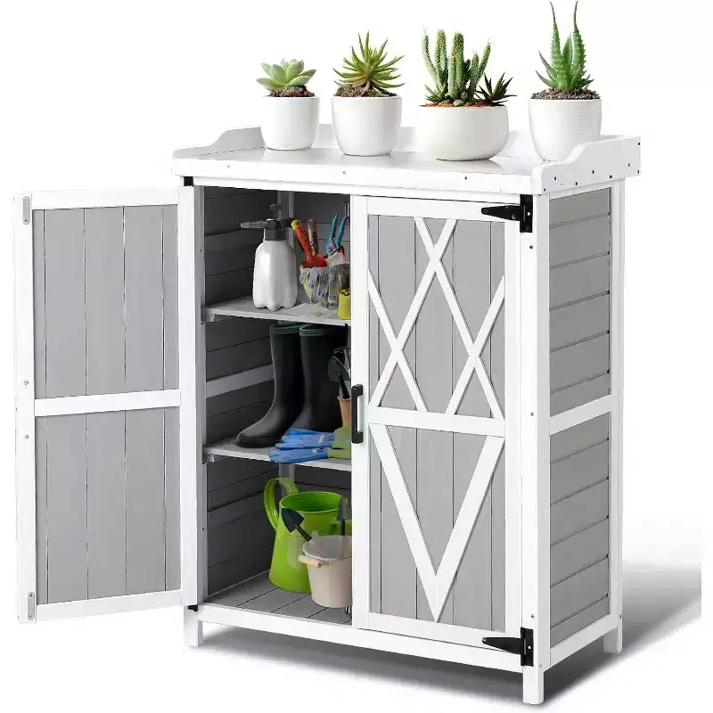Waterproof Outdoor Potting Bench Table,with Galvanized Metal Top, Adjustable Shelves, Double Doors, Storage Cabinet,Versatile Garden Work Station