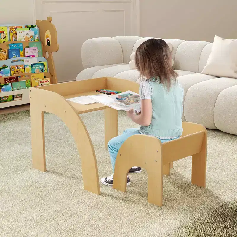 Costway Kids Desk and Chair Set Wooded Toddler Table and Chair Set with Proper Height Natural/White