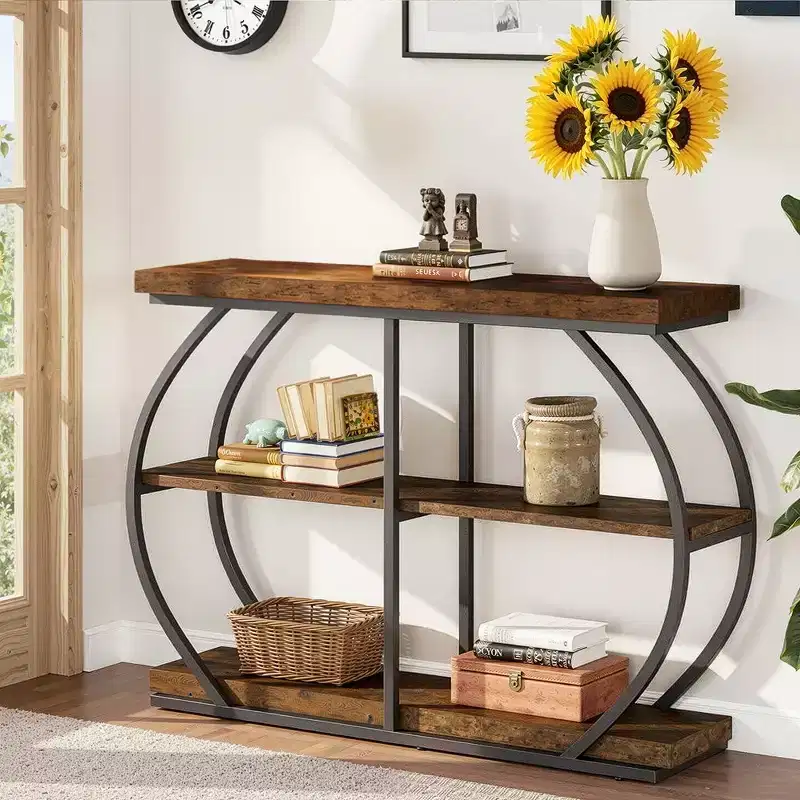 MAYEERTY 41.3 Industrial 3-Tier Console Table, Rustic Brown Arched Metal Frame Sofa Table for Entryway