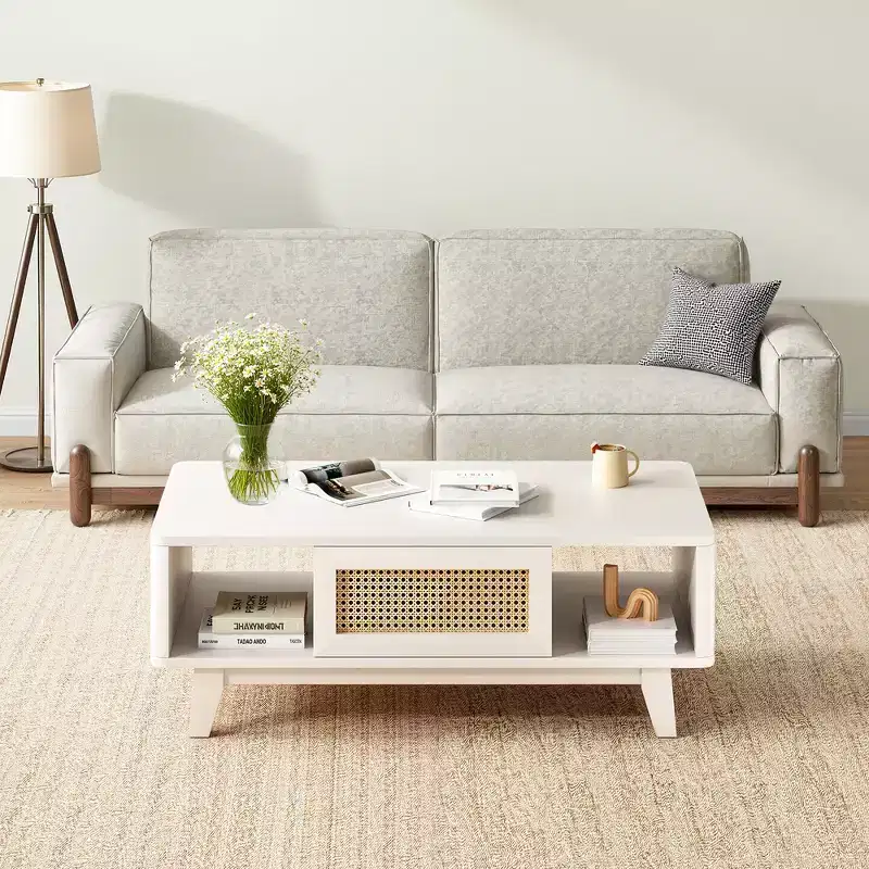 MAYEERTY 44in White Modern Square Wooden Coffee Table With Rattan Drawer for Living Room