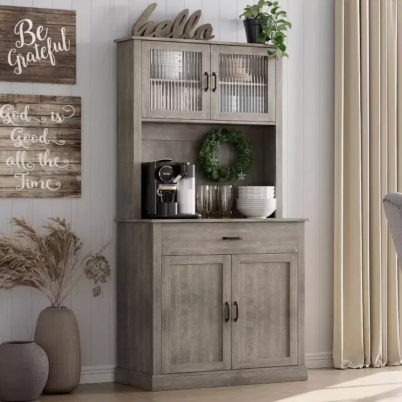 71 Kitchen Pantry Cabinet with Microwave Stand,Freestanding Buffet with Doors and Shelves for Dining Room