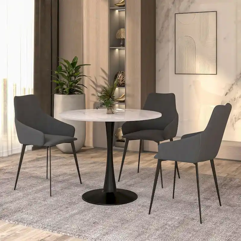 35in Round Dining Table with Sintered Stone Tabletop, Black Steel Pedestal Base, Scratch-Resistant