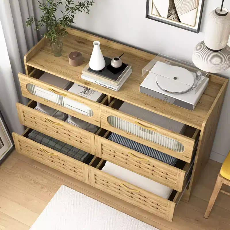 GDFStudio Rosalind Farmhouse 47.24 W Gold Handles Wood Horizontal/Double Dresser with Six Drawers