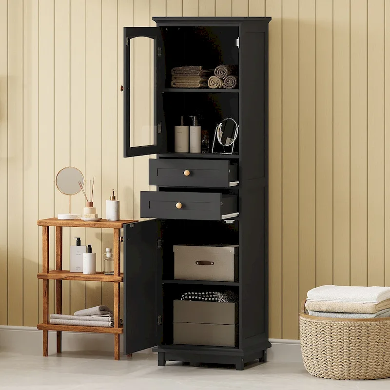 Tall Bathroom Storage Cabinet with Glass Doors