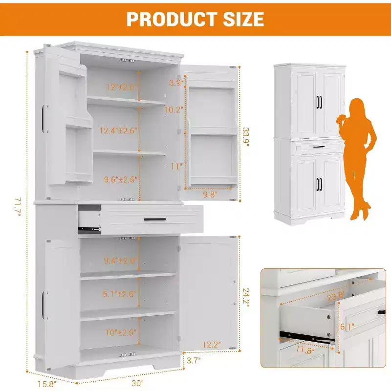 Kitchen Floor Cabinet, 72 High Freestanding Tall Cupboard Storage Cabinet with a Drawer