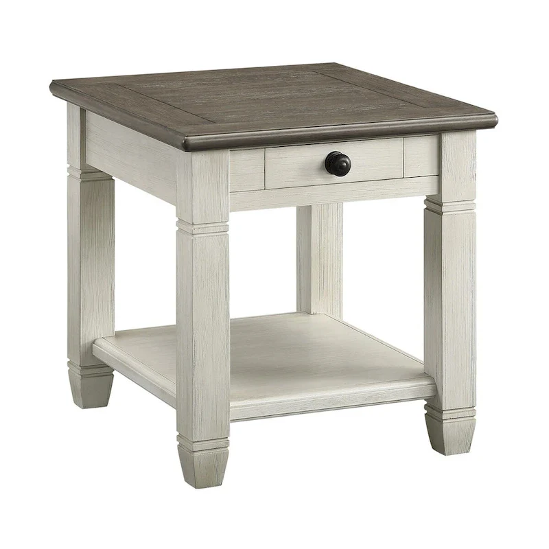 26 Inch Side End Table, Square, 1 Drawer, Brown, White, Solid Wood