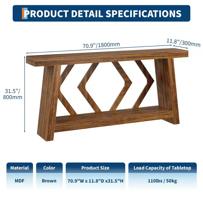 70.9 All Wood Console Table, Extra Long 2 Tier Narrow Sofa Table for Entryway Hallway Living Room
