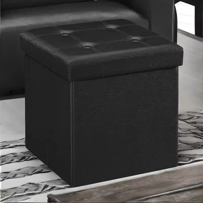 15-Inch Folding Storage Ottoman, Cube Footrest & Coffee Table with Handles, Faux Leather