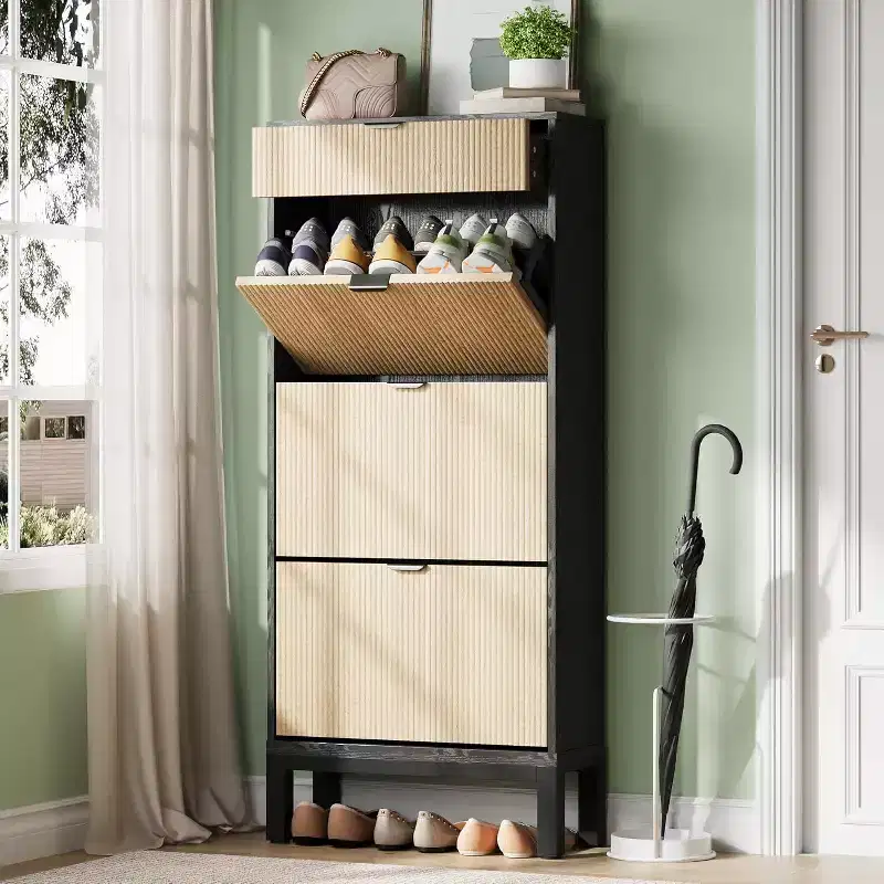 Farmhouse Fluted Shoe Storage Cabinet with 3 Flip Drawers, Slim Freestanding Narrow Shoe Organizer with Metal Legs