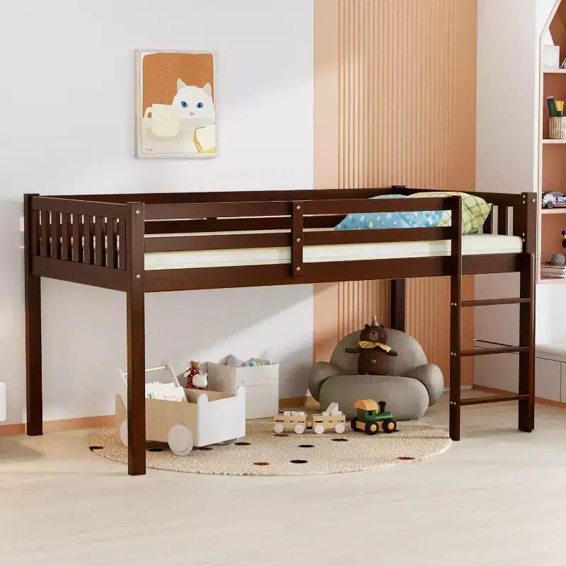 JOYMOR Low Loft Bed Twin Size with Stairs, Wooden Loft Bed for Kids, Pine Wood Twin Bed Frame,No Box Spring Needed, Espresso