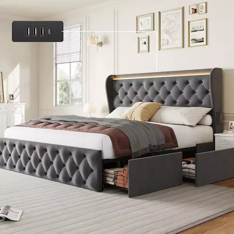 King Size Bed Frame with Button Wingback Headboard and 4 Drawers, Velvet Upholstered Platform Bed , No Box Spring Needed