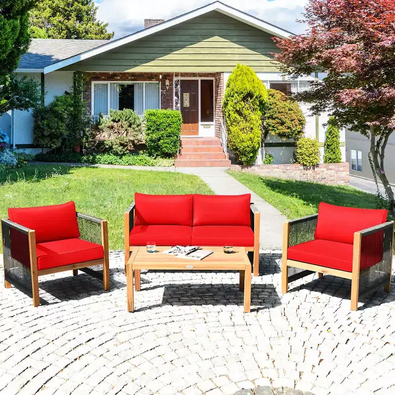 Costway 4 PCS Wood Outdoor Patio Furniture Set with Cushions White Red Cushion Cover Sets White+Red/Turquoise