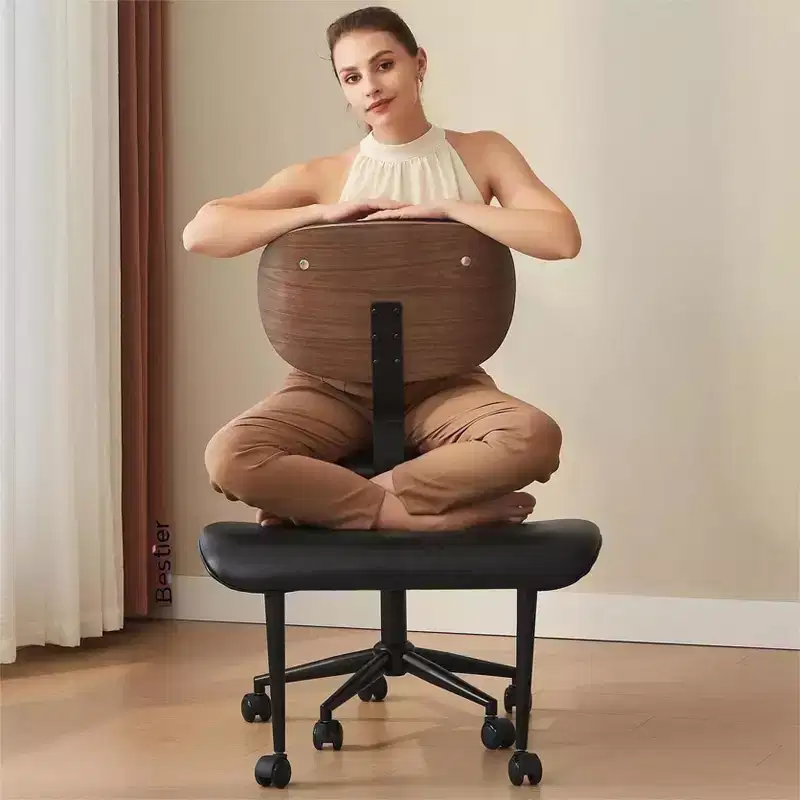 Ergonomic Criss Cross Chair PU Leather Swivel Chair with Wheel & Bentwood Lumbar Support for Yoga Meditation