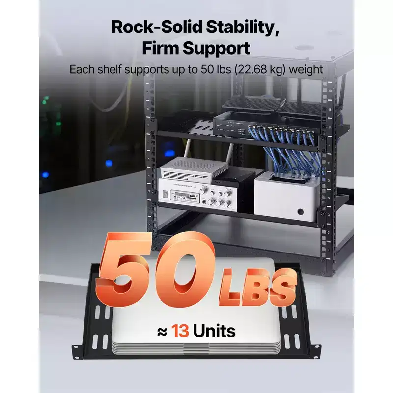 1U Server Rack Shelf, 4 PCS, 50 lbs Vented Cantilever, Wall Mount or Rack Mount Shelf with Tray, 10 in Depth, Black