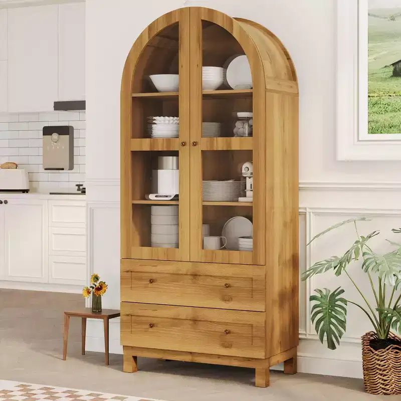 71 Tall Arched Bookshelf, Wooden Bookcase with 2 Drawers, Glass Door and Adjustable Shelf, Modern Display Cabinet for Living Room, Bedroom,office