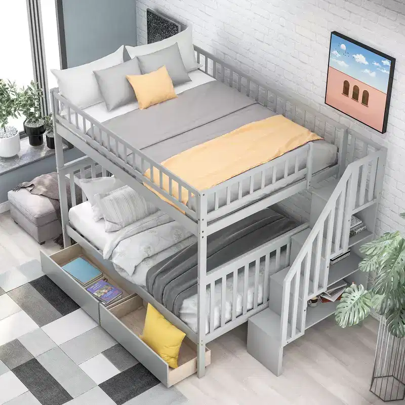 Full over Full Bunk Bed with Drawers and Storage Staircase