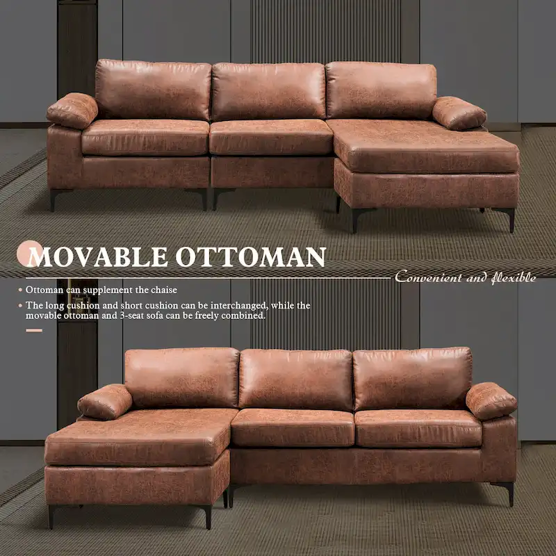 OVIOS Mid-Century Suede Reversible Chaise Sofa With Metal Legs