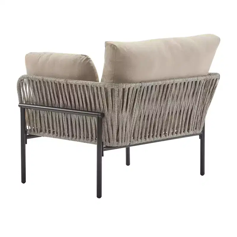 36W Patio Accent Chair Lounge Chair Arm Chair with Cushions, Pillows and Stylish Rope-Weave Design, Iron, Beige+Grey/Natural-ModernLuxe