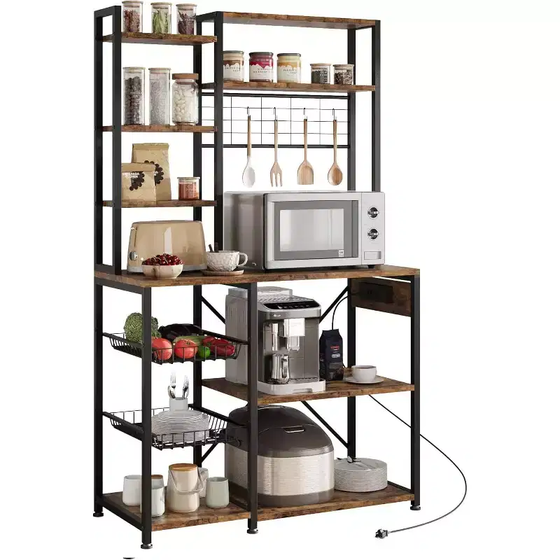 7-Tier Bakers Rack with Power Outlet  Large Microwave Stand & Coffee Bar  2 Wire Drawers, Hooks,Freestanding Kitchen Oven Shelf  For Kitchen