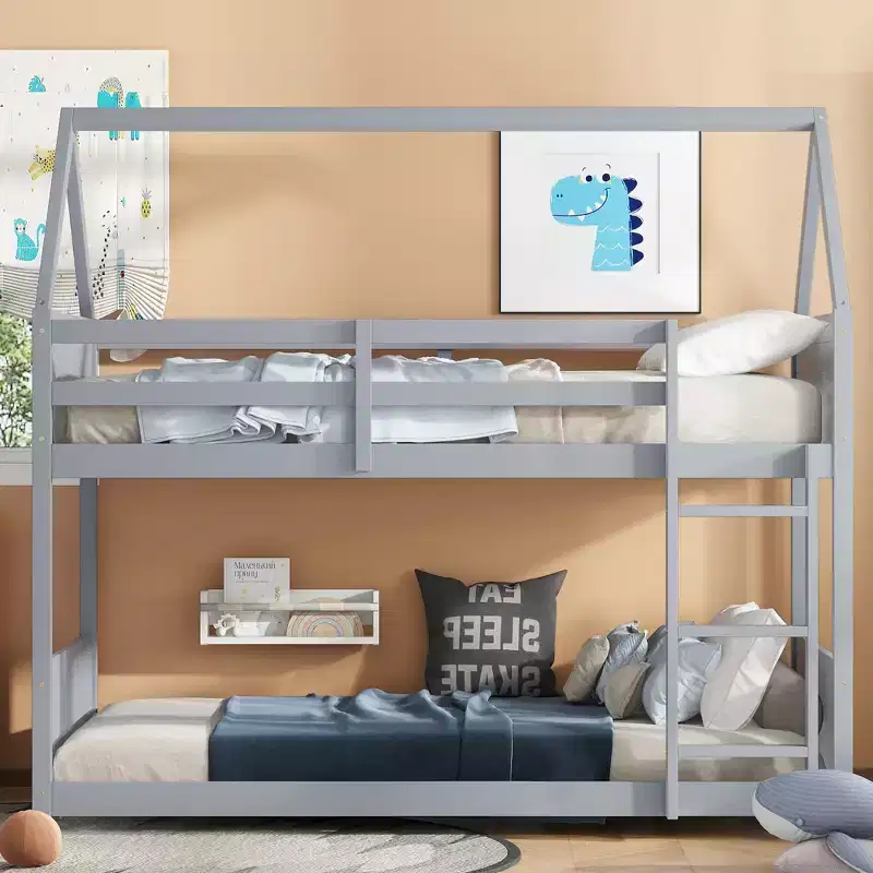 ModernLuxe Twin over Twin Bunk Bed, House-Shaped Floor Bunk Bed with Ladder and Guardrails, No Box Spring Needed