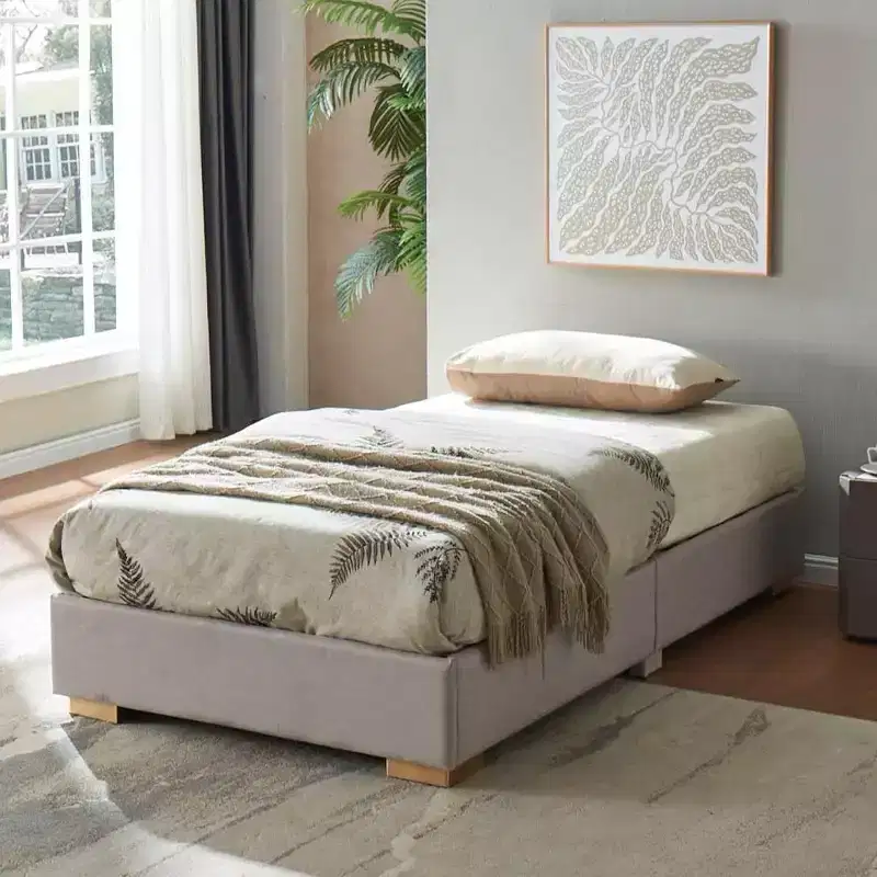 Kings Brand Furniture Upholstered Platform Bed Frame, Mattress Foundation, Brown Fabric, Gold Legs, Wooden Slat Support, No Box Spring Needed