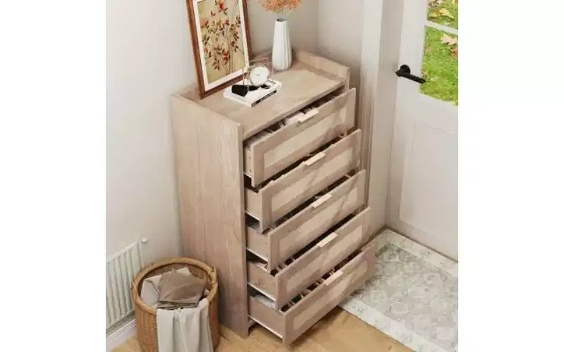 Rattan Accent 5-Drawer Dresser with Gold Handles, 45 Tall Wood Storage Chest Organizer for Bedroom and Closet