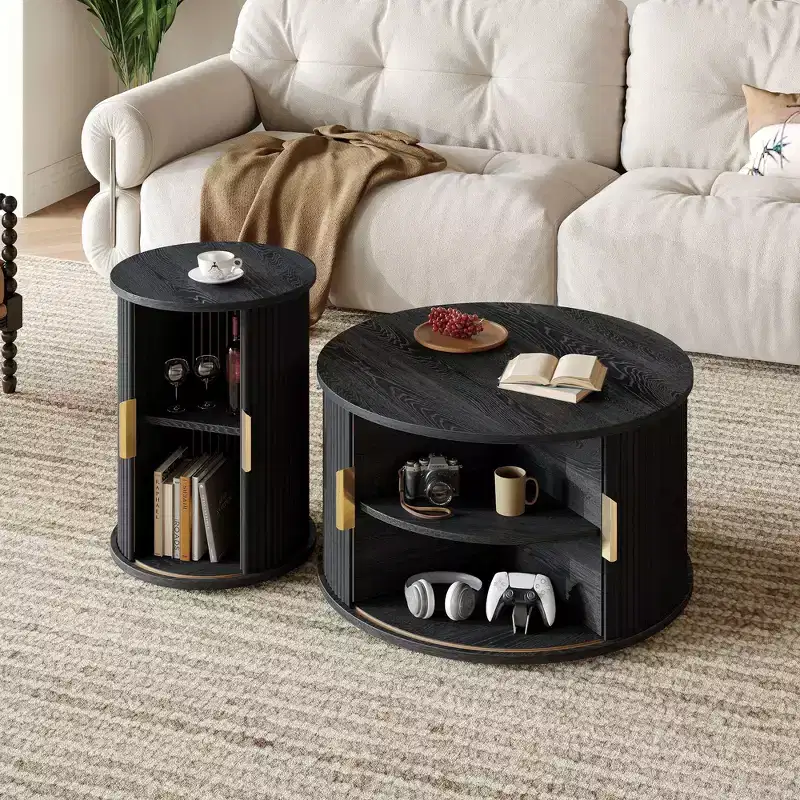 Okak Modern Round Set of 2 Coffee Table with Hidden Storage Doors,Fluted Wood Veneer Center Table for Living Room,Bedroom